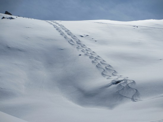 discesa in polvere dalla cima Vallung in val di Roja