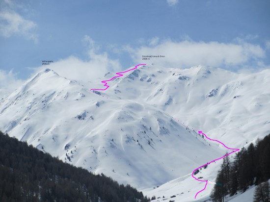 la traccia di salita sulla cima Grionkopf in val di Roja